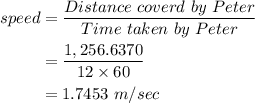 \begin{aligned}speed &= \dfrac{Distance\ coverd\ by\ Peter}{Time\ taken\ by\ Peter}\\&=\dfrac{1,256.6370}{12\times 60}\\&=1.7453\ m/sec \end{aligned}