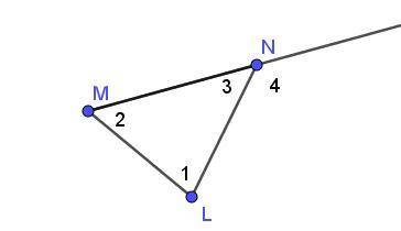 Which angle is an exterior angle of the triangle? Triangle L M N. Angle L is 1, angle M is 2, angle