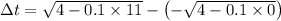 \Delta t=\sqrt{4-0.1\times 11}-\left(-\sqrt{4-0.1\times 0} \right)