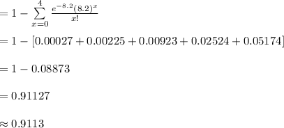 =1-\sum\limits^{4}_{x=0}{\frac{e^{-8.2}(8.2)^{x}}{x!}}\\\\=1-[0.00027+0.00225+0.00923+0.02524+0.05174]\\\\=1-0.08873\\\\=0.91127\\\\\approx 0.9113