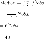 \text{Median}=[\frac{n+1}{2}]^{th}obs.\\\\=[\frac{11+1}{2}]^{th}obs.\\\\=6^{th}obs.\\\\=40
