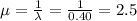 \mu=\frac{1}{\lambda}=\frac{1}{0.40}=2.5