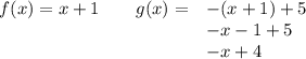 \bf \begin{array}{llll}&#10;f(x)=x+1&&g(x)=&-(x+1)+5\\&#10;&&&-x-1+5\\&#10;&&&-x+4&#10;\end{array}