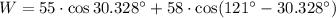 W = 55\cdot \cos 30.328^{\circ}+58\cdot \cos (121^{\circ}-30.328^{\circ})
