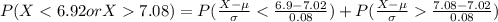 P(X < 6.92 or X  7.08 ) =  P(\frac{X - \mu }{\sigma} < \frac{6.9 - 7.02}{0.08}  ) + P(\frac{X - \mu}{\sigma}   \frac{7.08 - 7.02}{0.08} )