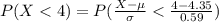P(X < 4) =  P(\frac{X - \mu }{\sigma}  <  \frac{4 - 4.35}{0.59}  )