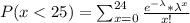 P(x <  25 ) = \sum_{x=0}^{24} \frac{e^{-\lambda} * \lambda^{x}}{x!}