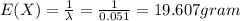 E(X)=\frac{1}{\lambda}=\frac{1}{0.051}=19.607 gram