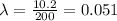 \lambda = \frac{10.2}{200} = 0.051