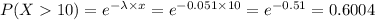 P(X10)= e^{-\lambda \times x}= e^{-0.051 \times 10}= e^{-0.51}=0.6004