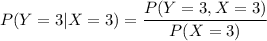P(Y = 3|X=3) = \dfrac{P(Y=3,X=3)}{P(X=3)}