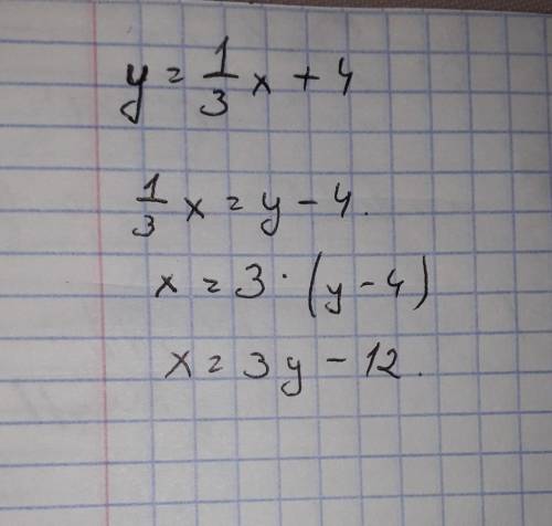 Rearrange to make x the subject:
y=1/3 x+4