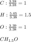 C:\frac{3.38}{3.38} =1\\\\H:\frac{5.05}{3.38} =1.5\\\\O:\frac{3.39}{3.38} =1\\\\CH_{1.5}O
