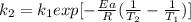 k_2=k_1exp[-\frac{Ea}{R}(\frac{1}{T_2}-\frac{1}{T_1}  )]