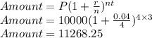 Amount = P(1+\frac{r}{n})^{nt}\\Amount=10000(1+\frac{0.04}{4})^{4 \times 3}\\Amount =11268.25