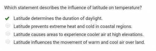 WILL MARK BRAINLIEST Which statement describes the influence of latitude on temperature?

Latitude d