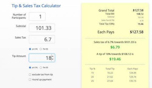 Find the total amount given the original price, tax rate and tip rate. Round to the nearest hundredt