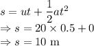s=ut+\dfrac{1}{2}at^2\\\Rightarrow s=20\times 0.5+0\\\Rightarrow s=10\ \text{m}