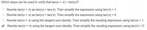 Which steps can be used to verify that tan(w + Pi) = tan(w)?

Rewrite tan(w + Pi) as tan(w) + tan(Pi