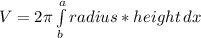 V=2\pi \int\limits^a_b {radius*height} \, dx