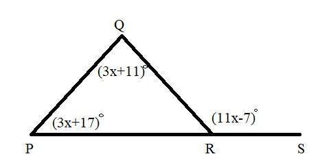 In ΔPQR, \overline{PR} PR is extended through point R to point S, \text{m}\angle QRS = (11x-7)^{\cir