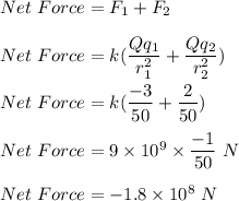 Net \ Force = F_1+F_2\\\\Net \ Force = k(\dfrac{Qq_1}{r_1^2}+\dfrac{Qq_2}{r_2^2})\\\\Net \ Force = k( \dfrac{-3}{50}+\dfrac{2}{50})\\\\Net \ Force = 9\times 10^9\times \dfrac{-1}{50}\ N\\\\Net\ Force = -1.8\times 10^8\ N