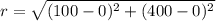 r = \sqrt{(100-0)^{2}+(400-0)^{2}}