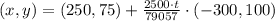 (x,y) = (250,75)+\frac{2500\cdot t}{79057} \cdot (-300,100)