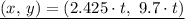 \underline{(x, \, y) = (2.425 \cdot t, \ 9.7\cdot t)}