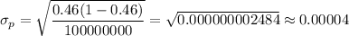 \sigma_p=\sqrt{\dfrac{0.46(1-0.46)}{100000000}}=\sqrt{0.000000002484}\approx0.00004