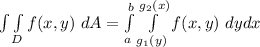 \int \int \limits _D f (x,y) \ dA = \int \limits ^b_a \int  \limits ^{g_2(x)}_{g_1 (y)} f (x,y) \ dydx