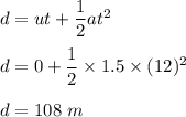 d=ut+\dfrac{1}{2}at^2\\\\d=0+\dfrac{1}{2}\times 1.5\times (12)^2\\\\d=108\ m