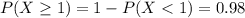 P(X \ge  1 ) =  1 - P(X < 1) =  0.98