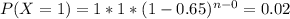 P(X =  1) =  1 *  1* (1- 0.65)^{n- 0} = 0.02
