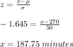 z=\frac{x-\mu}{\sigma}\\ \\-1.645=\frac{x-270}{50} \\\\x=187.75 \ minutes