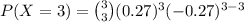 P(X=3)={3\choose 3}(0.27)^{3}(-0.27)^{3-3}