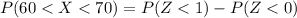 P(60 <  X  <  70) =  P(Z <  1) - P(Z <  0 )