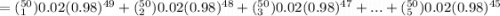 =(^{50}_1) 0.02(0.98)^{49} +(^{50}_2) 0.02(0.98)^{48} + (^{50}_3) 0.02(0.98)^{47} + ... + (^{50}_5) 0.02(0.98)^{45}