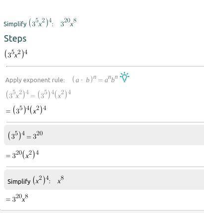 Which expression is equivalent to (3^5 x^2)^4 use step by step