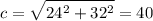 \displaystyle c=\sqrt{24^2+32^2}=40