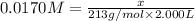 0.0170M=\frac{x}{213g/mol\times 2.000L}