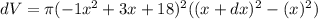 dV = \pi (-1x^2 +3x+18)^2 ((x+dx)^2 -(x)^2)