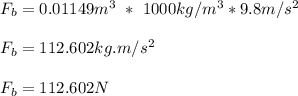 F_b = 0.01149m^3\ *\  1000kg/m^3 * 9.8m/s^2\\\\F_b = 112.602 kg.m/s^2\\\\F_b = 112.602N