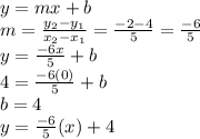 y = mx + b\\m = \frac{y_2-y_1}{x_2-x_1} = \frac{-2-4}{5} = \frac{-6}{5}\\ y = \frac{-6x}{5} + b\\4 = \frac{-6(0)}{5} + b\\b = 4\\y = \frac{-6}{5}(x)+4