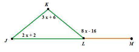 In AJKL, JL is extended through point L to point M, mZLJK = (2x + 2)°,

mZKLM = (82 – 16)°, and m/JK