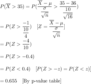 P(\overline{X}35)=P(\dfrac{\overline{X}-\mu}{\dfrac{\sigma}{\sqrt{n}}}\dfrac{35-36}{\dfrac{10}{\sqrt{16}}})\\\\=P(Z\dfrac{-1}{\dfrac{10}{4}})\ \ \ [Z=\dfrac{\overline{X}-\mu}{\dfrac{\sigma}{\sqrt{n}}}]\\\\=P(Z\dfrac{-4}{10})\\\\=P(Z-0.4)\\\\=P(Z-z)=P(Z