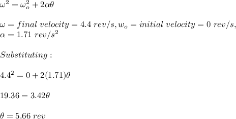 \omega^2=\omega_o^2+2\alpha \theta\\\\\omega=final\ velocity=4.4\ rev/s,w_o=initial\ velocity=0\ rev/s, \\\alpha=1.71\ rev/s^2\\\\Substituting:\\\\4.4^2=0+2(1.71)\theta\\\\19.36=3.42\theta\\\\\theta=5.66\ rev