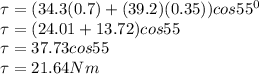 \tau = (34.3(0.7) + (39.2)(0.35)) cos55^0\\\tau = (24.01+13.72)cos55\\\tau = 37.73cos55\\\tau=21.64Nm