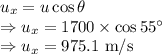 u_x=u\cos\theta\\\Rightarrow u_x=1700\times \cos55^{\circ}\\\Rightarrow u_x=975.1\ \text{m/s}