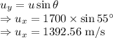 u_y=u\sin\theta\\\Rightarrow u_x=1700\times \sin55^{\circ}\\\Rightarrow u_x=1392.56\ \text{m/s}